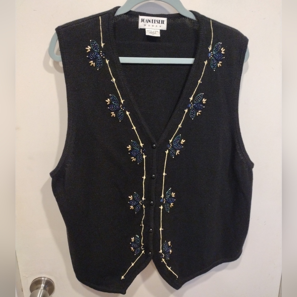 Joan Leslie Black Embroidered V-Neck Knit Vest